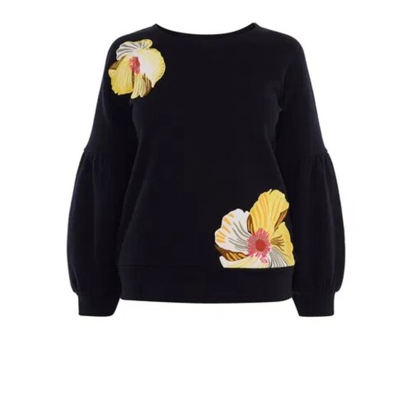 KAREN MILLEN Floral Embroidered Black Casual Cotton Balloo Sleeve Sweatshirt Top - Picture 2 of 16